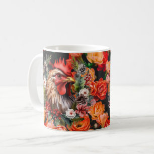 Cute Cartoon Chicken, Colorful Floral. Farm Animal Coffee Mug