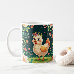 Cute Cartoon Chicken, Colorful Floral. Farm Animal Coffee Mug