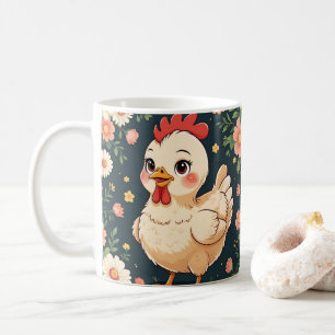 Cute Cartoon Chicken, Colorful Floral. Farm Animal Coffee Mug