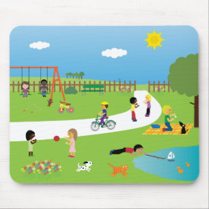 Cute Cartoon Children & Pets Playing In The Park Mouse Pad