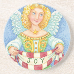 Cute Cartoon Christmas Angel Halo with Joy Banner Coaster