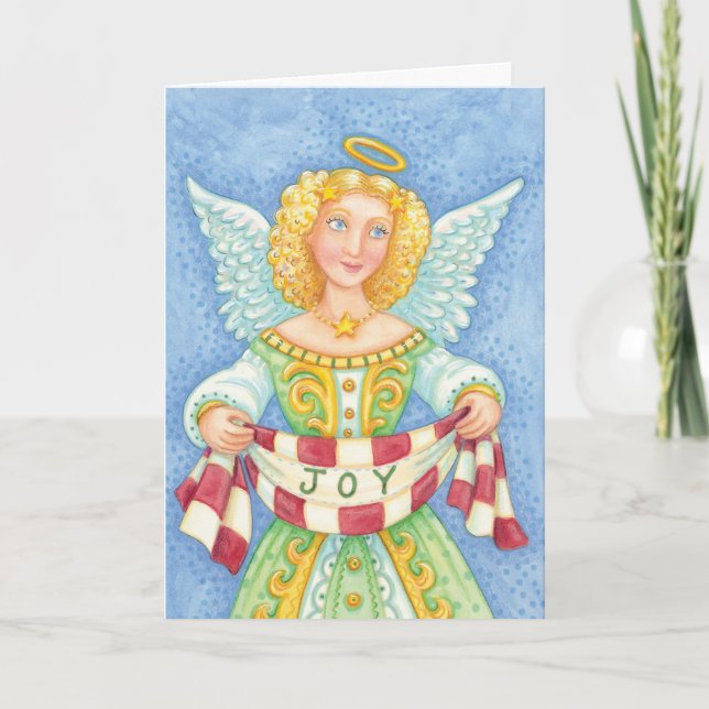 Cute Cartoon Christmas Angel Halo with Joy Banner Holiday Card (Front)