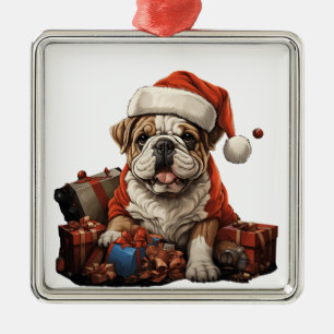 CUTE CARTOON CHRISTMAS BULLDOG WITH GIFTS METAL ORNAMENT