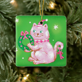 Cute Cartoon Christmas Cat Holding Wreath Ceramic Ornament