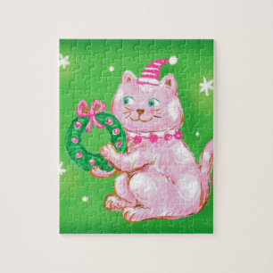 Cute Cartoon Christmas Cat Holding Wreath Jigsaw Puzzle