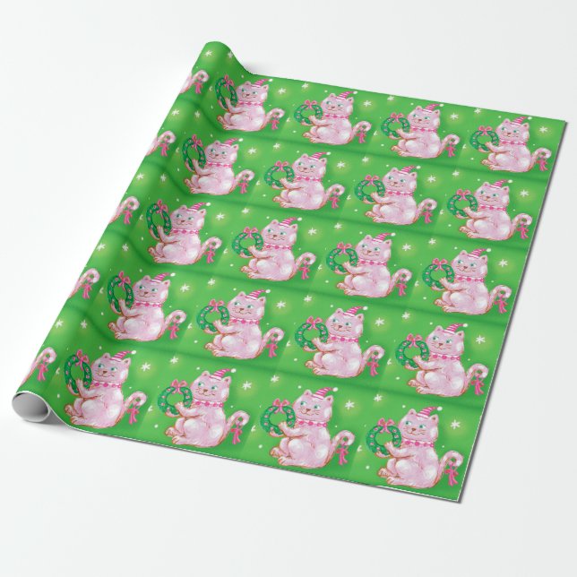 Cute Cartoon Christmas Cat Holding Wreath Wrapping Paper (Unrolled)