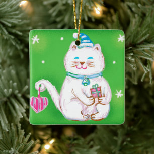 Cute Cartoon Christmas Cat Wearing a Santa Hat Ceramic Ornament