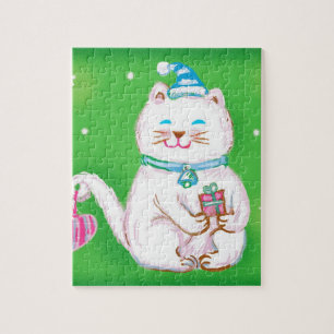 Cute Cartoon Christmas Cat Wearing a Santa Hat Jigsaw Puzzle