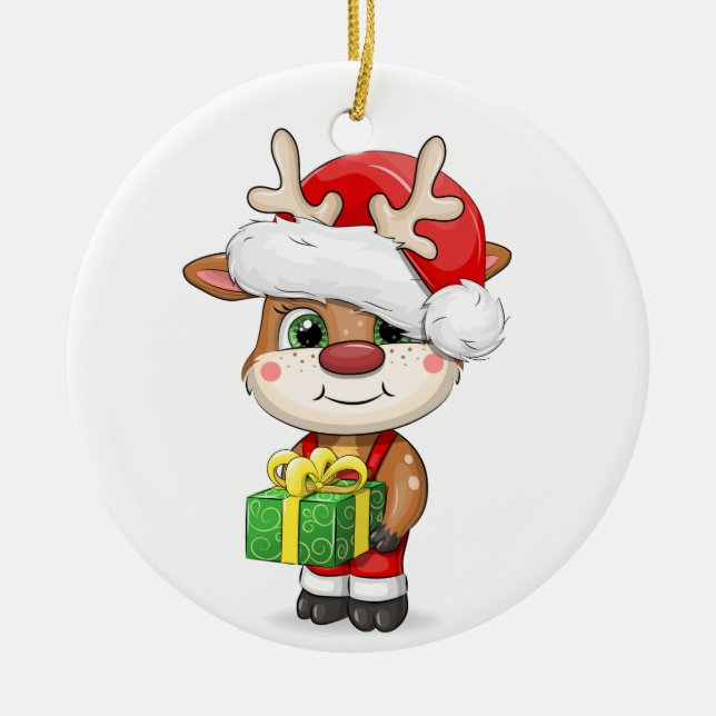 Cute cartoon Christmas deer. Ceramic Ornament (Front)