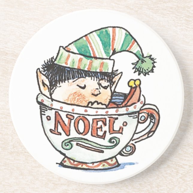 Cute Cartoon Christmas Elf Sleeping in a Tea Cup Coaster (Front)