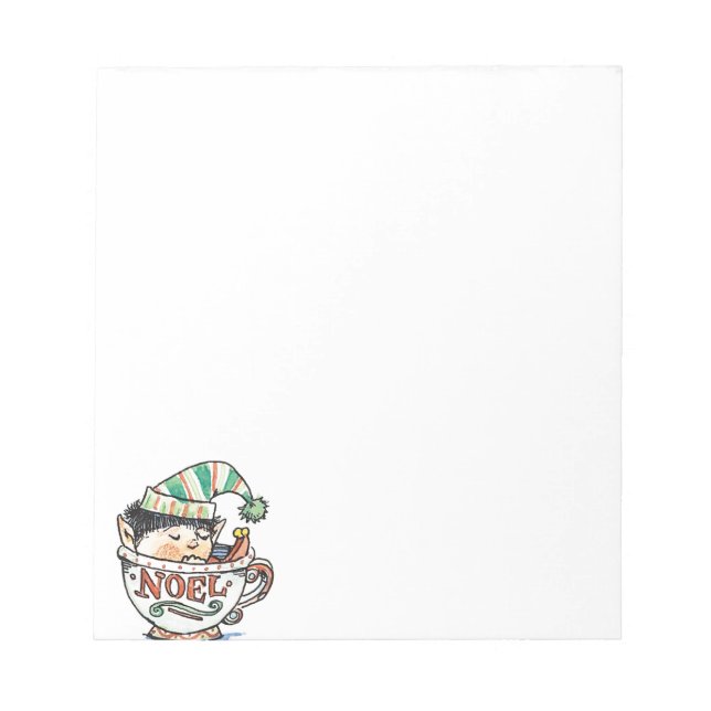 Cute Cartoon Christmas Elf Sleeping in a Tea Cup Notepad (Front)