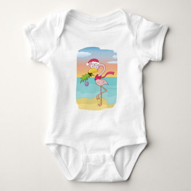 Cute cartoon Christmas flamingo on the beach Baby Bodysuit (Front)