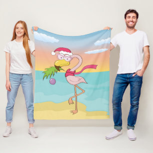 Cute cartoon Christmas flamingo on the beach Fleece Blanket