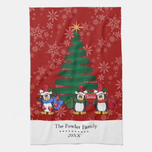 Cute Cartoon Christmas Penguins Tea Towel