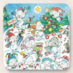 Cute Cartoon Christmas Polar Bear Penguin Party Coaster
