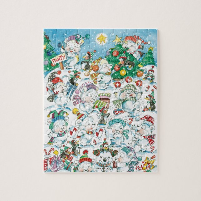 Cute Cartoon Christmas Polar Bear Penguin Party Jigsaw Puzzle (Vertical)