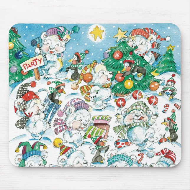Cute Cartoon Christmas Polar Bear Penguin Party Mouse Pad (Front)