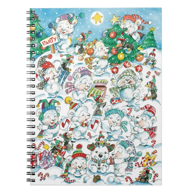 Cute Cartoon Christmas Polar Bear Penguin Party Notebook (Front)