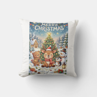• Cute Cartoon Christmas Reindeer and Friends Wint Cushion