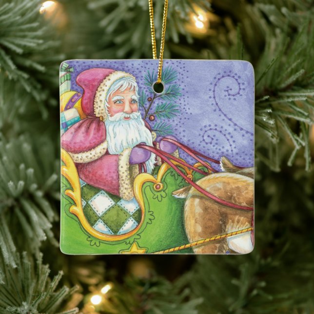 Cute Cartoon Christmas Santa Claus Sleigh Reindeer Ceramic Ornament (Tree)