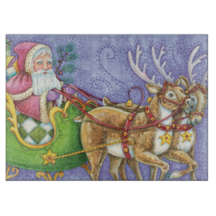 Cute Cartoon Christmas Santa Claus Sleigh Reindeer Cutting Board