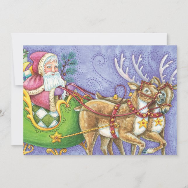 Cute Cartoon Christmas Santa Claus Sleigh Reindeer Holiday Card (Front)