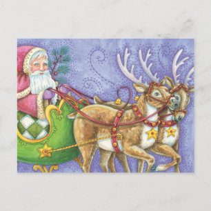 Cute Cartoon Christmas Santa Claus Sleigh Reindeer Holiday Postcard