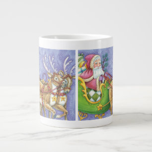 Cute Cartoon Christmas Santa Claus Sleigh Reindeer Large Coffee Mug