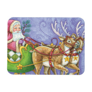 Cute Cartoon Christmas Santa Claus Sleigh Reindeer Magnet