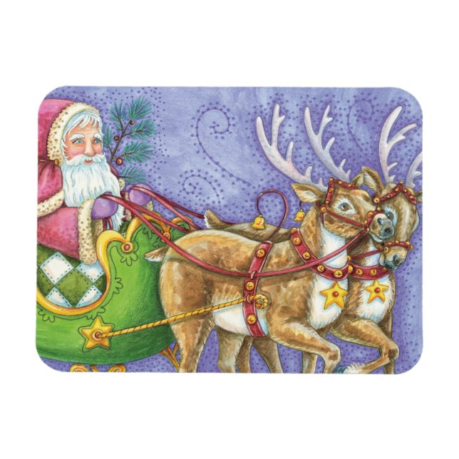Cute Cartoon Christmas Santa Claus Sleigh Reindeer Magnet (Horizontal)