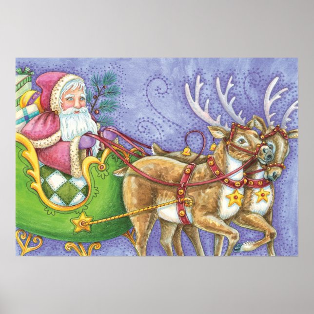 Cute Cartoon Christmas Santa Claus Sleigh Reindeer Poster (Front)