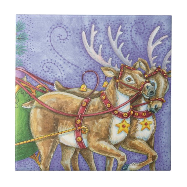 Cute Cartoon Christmas Santa Claus Sleigh Reindeer Tile (Front)