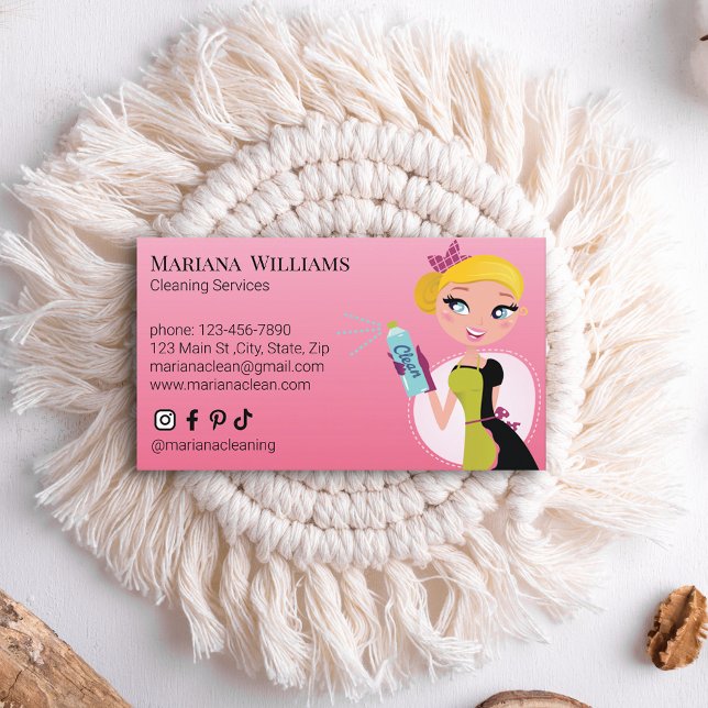 cute cartoon cleaning services housekeeping pink  business card (Creator Uploaded)