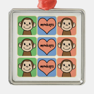 Cute Cartoon Clip Art Monkeys with Heart Love Metal Ornament