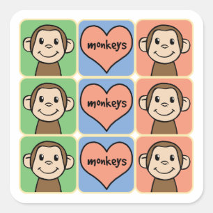 Cute Cartoon Clip Art Monkeys with Heart Love Square Sticker