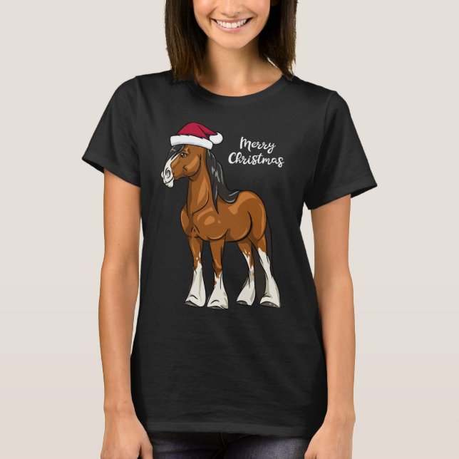 Cute Cartoon Clydesdale Draught Horse Christmas T-Shirt (Front)