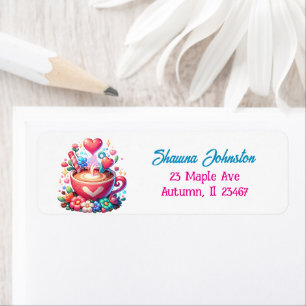 Cute Cartoon Coffee, Hearts and Flowers Return Address Label