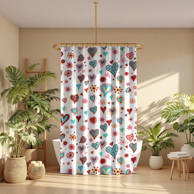 Cute Cartoon Colourful Valentines Hearts Pattern Shower Curtain (Creator Uploaded)