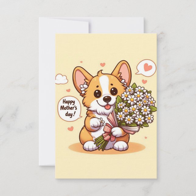 Cute Cartoon Corgi with Daisies Happy Mother’s Day Card (Front)