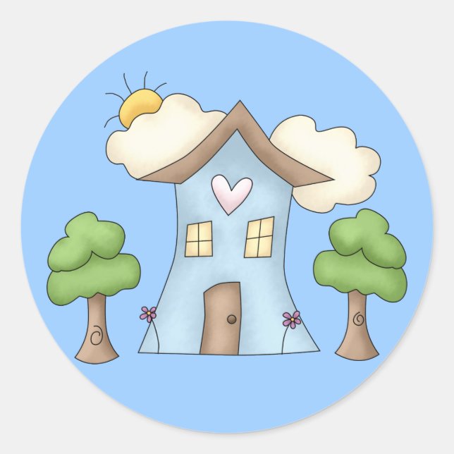 Cute Cartoon Country House Tree Scene Classic Round Sticker (Front)
