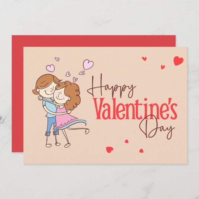 Cute Cartoon Couple Hugging Happy Valentine's Day  Holiday Card (Front/Back)
