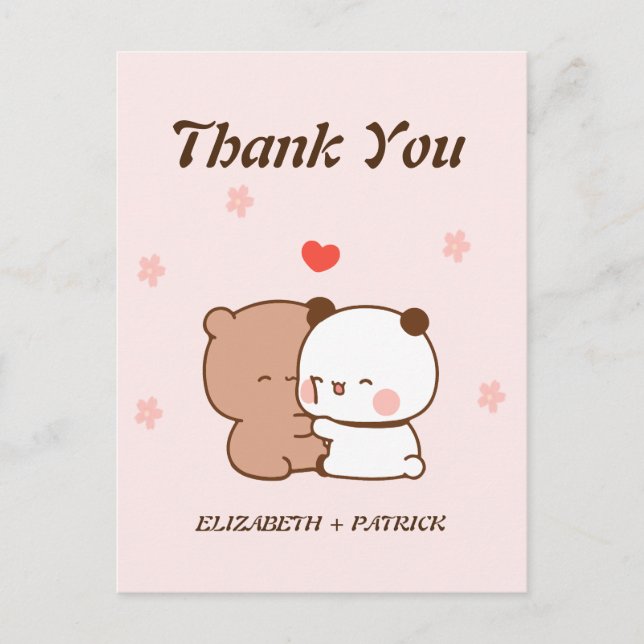 Cute cartoon couple, Kawaii Bear & Panda Thank You Postcard (Front)