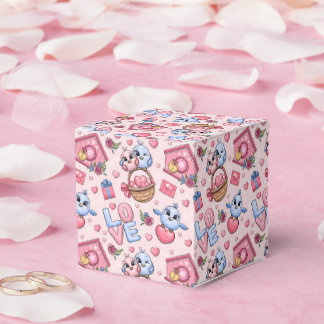 Cute cartoon couple of birds, hearts, birds house/ favour box