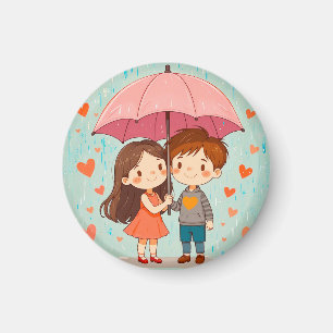 Cute Cartoon Couple Smiling Under Pink Umbrella Magnet