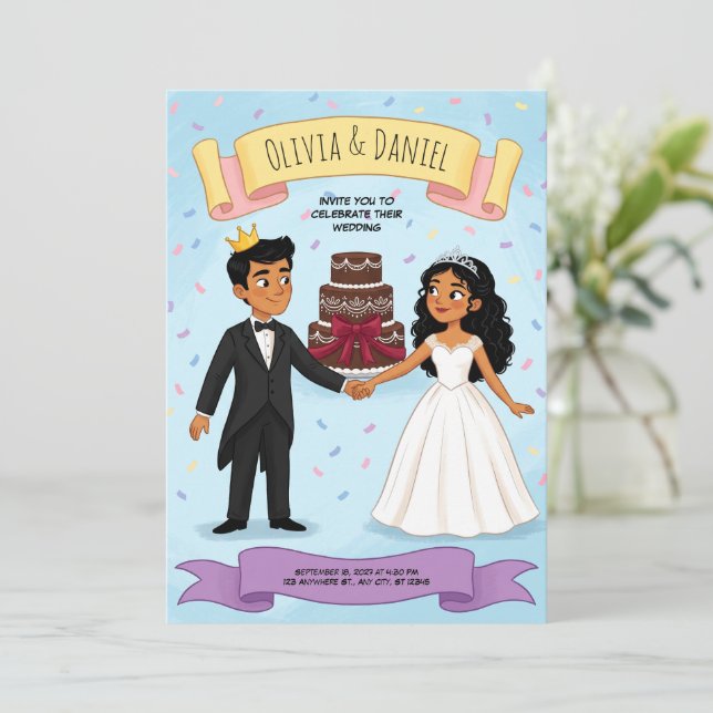 Cute Cartoon Couple Wedding Invitation (Standing Front)