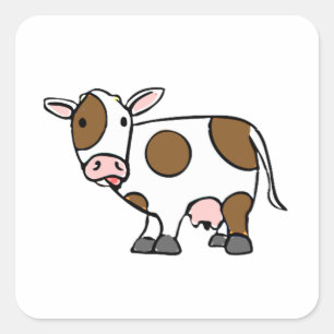 Cute Cartoon Cow Brown and White Farm Animal Square Sticker