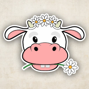 Cute Cartoon Cow Chewing a Daisy   Kawaii Sticker