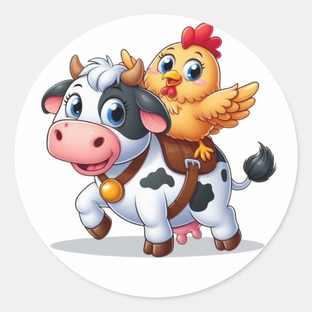 cute cartoon cow/chicken classic round sticker (Front)