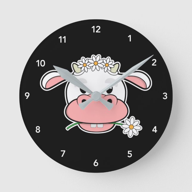 Cute Cartoon Cow | Kawaii Farm Animal Round Clock (Front)