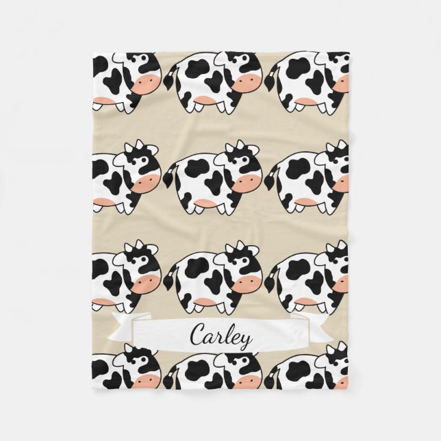 Cute Cartoon Cow Pattern & Name in Script Fleece Blanket (Front)